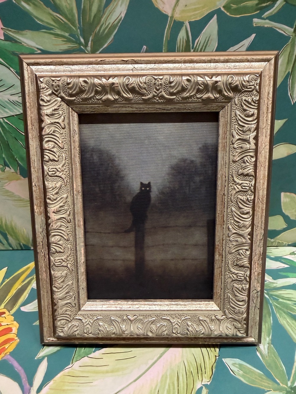 Black Cat Shadow Framed Wall Art Ornate Gold Frame Gothic Halloween Decor